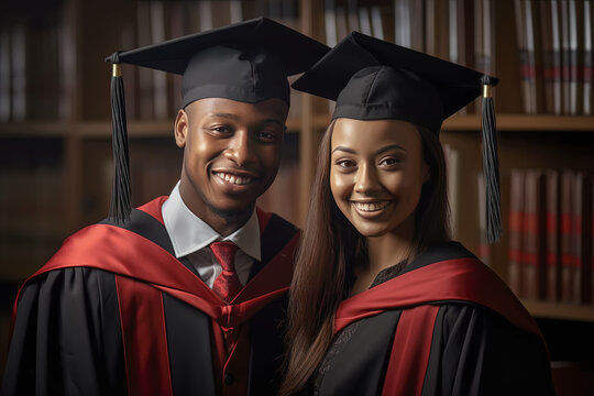 Pareja afroamericana de universitarios sonrientes portando birrete y toga, sobre fondo desenfocado de la biblioteca de la universidad