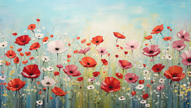 ilustracion de un pintura con un fondo de flores amapolas rojas, blancas y rosas en un campo de primavera con  hierba y cielo azul