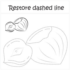 hazelnut. Repair the dotted line. Handwriting practice. Educational game for toddlers and preschoolers. Cartoon style. Isolated vector illustration, eps