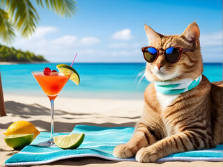 Obraz na płótnie Canvas cat on the beach with glasses