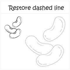 kidney beans. Repair the dotted line. Handwriting practice. Educational game for toddlers and preschoolers. Cartoon style. Isolated vector illustration, eps