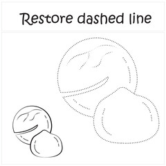 macadamia. Repair the dotted line. Handwriting practice. Educational game for toddlers and preschoolers. Cartoon style. Isolated vector illustration, eps
