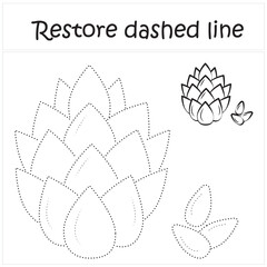 pine nuts. Repair the dotted line. Handwriting practice. Educational game for toddlers and preschoolers. Cartoon style. Isolated vector illustration, eps