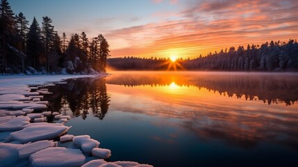 Enchanting Winter Landscape. Snowfall in the Forest, Serene Frozen Lake, and Glowing Sunlit Ice