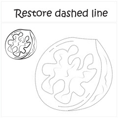 walnut. Repair the dotted line. Handwriting practice. Educational game for toddlers and preschoolers. Cartoon style. Isolated vector illustration, eps