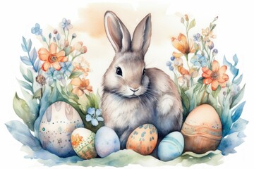 Fototapeta na wymiar Happy Easter greeting card. Cute bunny with colored eggs in floral field. Generate ai