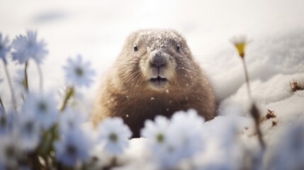 Groundhog Day, a groundhog crawled out from under the snow in sunny weather. - obrazy, fototapety, plakaty