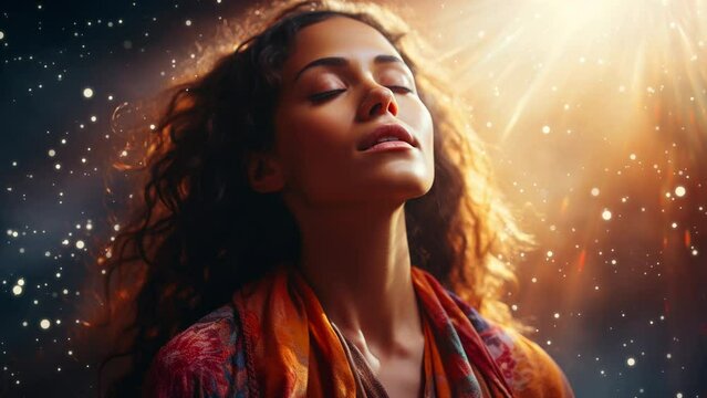 A woman in meditation, in a calm state, with a bright glow around her.