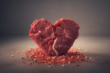 Foto op Canvas Heart shaped red raw beef with salt and pepper. Fresh crude cow meat steak with cooking herbs. Generate ai © nsit0108