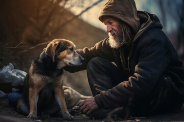 Homeless man with homeless dog. Sad old man living in street poverty with his pet. Generate ai