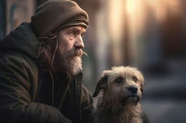 Beggar street man with his pet dog. Hungry homeless old man with his homeless doggy. Generate ai