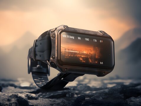 A sleek digital watch with a vibrant screen, illuminating the sky as the hiker looks up at the majestic mountain, grounding them in time and adventure