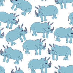 seamless pattern with rhinoceros in vector. funny stylized blue rhinoceros. large mammal and artiodactyl. For background, wallpaper, textile, print, wrapping. A series of animal images in flat style