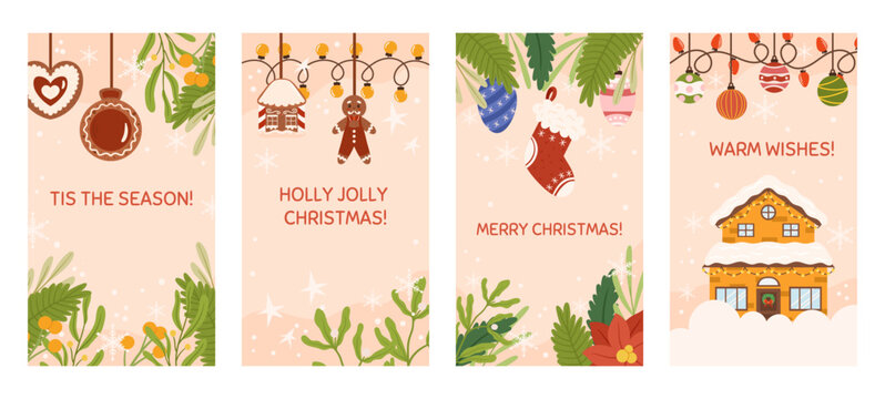 Social media christmas stories template with copy space and transparent space for photo. Vertical banner decorated with spruce plants branches, tree toys, light garland, gingerbread cookie and house