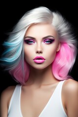 Fototapeta premium Vibrant Beauty: Young Blonde with Pink and Blue Tinted Hair