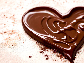 Melted chocolate in the shape of a heart, on a white background. With space for text. Generative AI