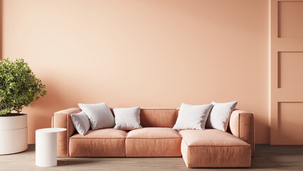 Livingroom in trend Peach fuzz color 2024 year. A pastel wall accent paint background. peach beige ivory shades of room interior design. White creamy luxury furniture and pillows. 3d render  - obrazy, fototapety, plakaty