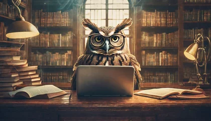 Foto auf Leinwand A funny and smart owl with glasses using a laptop in a cozy library © Bianca