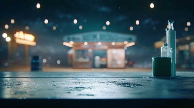 an ethereal scene of an empty table against the soft, luminous effects of a blurred Petrol station background, manifesting a realm of fantasy for an enchanting product display