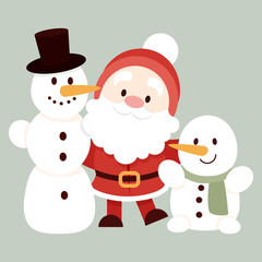 Cute flat character Santa Claus hugging two snowmen