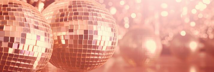 disco ball pattren in color of the year 2024 peach fuzz, shiny festive background - obrazy, fototapety, plakaty