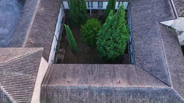 Panoramic of the cloister of the Quejana convent palace complex in the Ayala Valley. Aerial view from a drone. Province of Alava. Basque Country. Spain. Europe