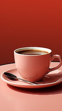 A cup of black coffee in a pink porcelain service on a light pink table, simplicity and sophistication in design, hot Americano on the table. Banner with copy space