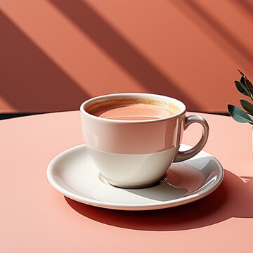 Coffee cappuccino in a pink cup on a saucer, illuminated by sunlight, on a peach background with the shadow of a plant, Concept: hot drinks, cozy morning mood
