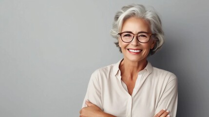 Confident senior woman with glasses on gray background, mature woman with smile and beautiful complexion, cosmetics for facial skin - obrazy, fototapety, plakaty