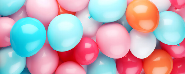 Fototapeta na wymiar Group of many colourful balloons decorated surface as background in banner size