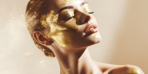 Fashion art Golden skin Woman face portrait closeup.golden liquid drops on beautiful model,gold metallic skin make-up. Beauty woman makeup close up.