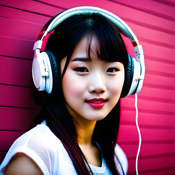 Cute Asian girl listening to music with headphones