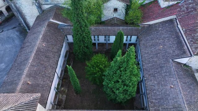 Panoramic of the cloister of the Quejana convent palace complex in the Ayala Valley. Aerial view from a drone. Province of Alava. Basque Country. Spain. Europe