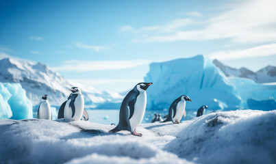 Penguins on ice Antarctica, landscape of snow