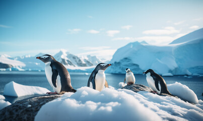 Penguins on ice Antarctica, landscape of snow - obrazy, fototapety, plakaty