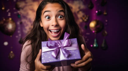 Fototapeta na wymiar Surprised teenage girl holding gift box