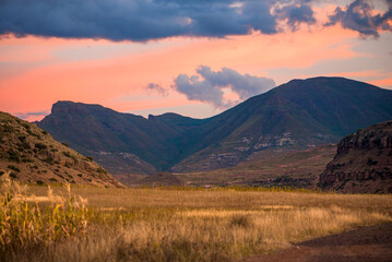 Mountain sunset with pink skies in Daliwe, Lesotho