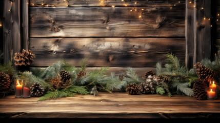 A wooden background with pine cones and candles.Generative AI - Powered by Adobe