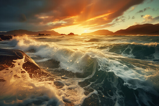 Sea Storm view, waves with foam in storm, seascape, sea or ocean under dark