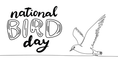 Obraz premium National Bird Day banner. Handwriting text National bird day banner with line art bird. Hand drawn vector art.