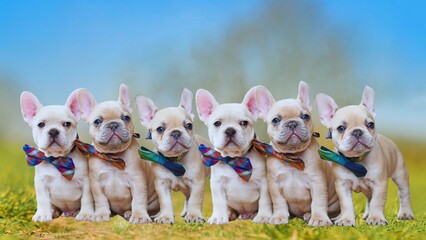Small white and striped French bulldog puppy precious row of three adorable little French bulldog...