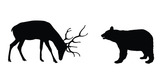 Rain deer against American black bear vector silhouette illustration isolated on background. Battle for life and food stag against bear. Deer elk buck. Powerful huge antlers deer vs predator in forest