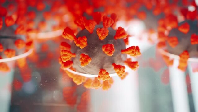 Detailed plastic model of coronavirus, offering close-up view of COVID-19 cell bacteria. Explore world of viruses and the science behind the pandemic in captivating video