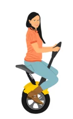 Foto op Plexiglas Tourist girl sitting and riding electric scooter vector illustration isolated on white background. Woman traveling with rental vehicle city tour on vocation. Urban transportation by two wheels. © dovla982