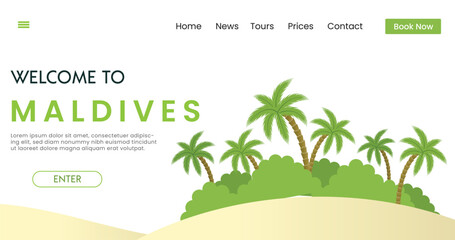 Welcome to Maldives background . Maldives beach, . bungalow. sailboat. Travel and Tourism Poster . Vector illustration.