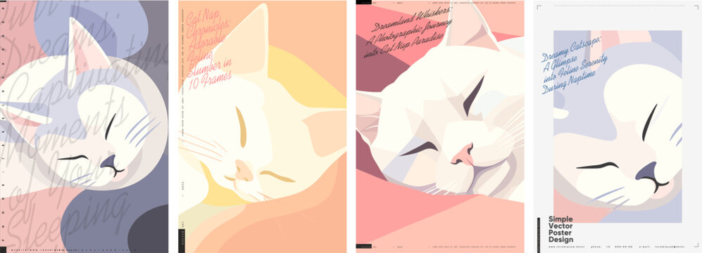 Sleeping cat. Set of vector illustrations.Typographic poster design and vectorized illustrations on background.