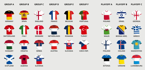 Collection of European Vector Football Jerseys in national flag design for tournament, sorted by groups, plus jersey icons of playoff teams