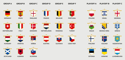 Collection of fan pennants in national flag design of with european football teams, design for tournament sorted by groups, plus pennant icons of playoff teams