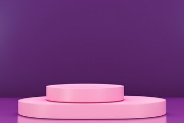 Pink Podium with layers for product presentation and purple background wall, Generative AI