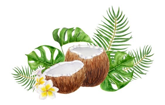 White frangipani, green monstera, palm leaves, half a broken coconut illustration. Watercolor hand drawn exotic fruit. Tropical painting for wedding invitations, spa, beauty prints, travel guides